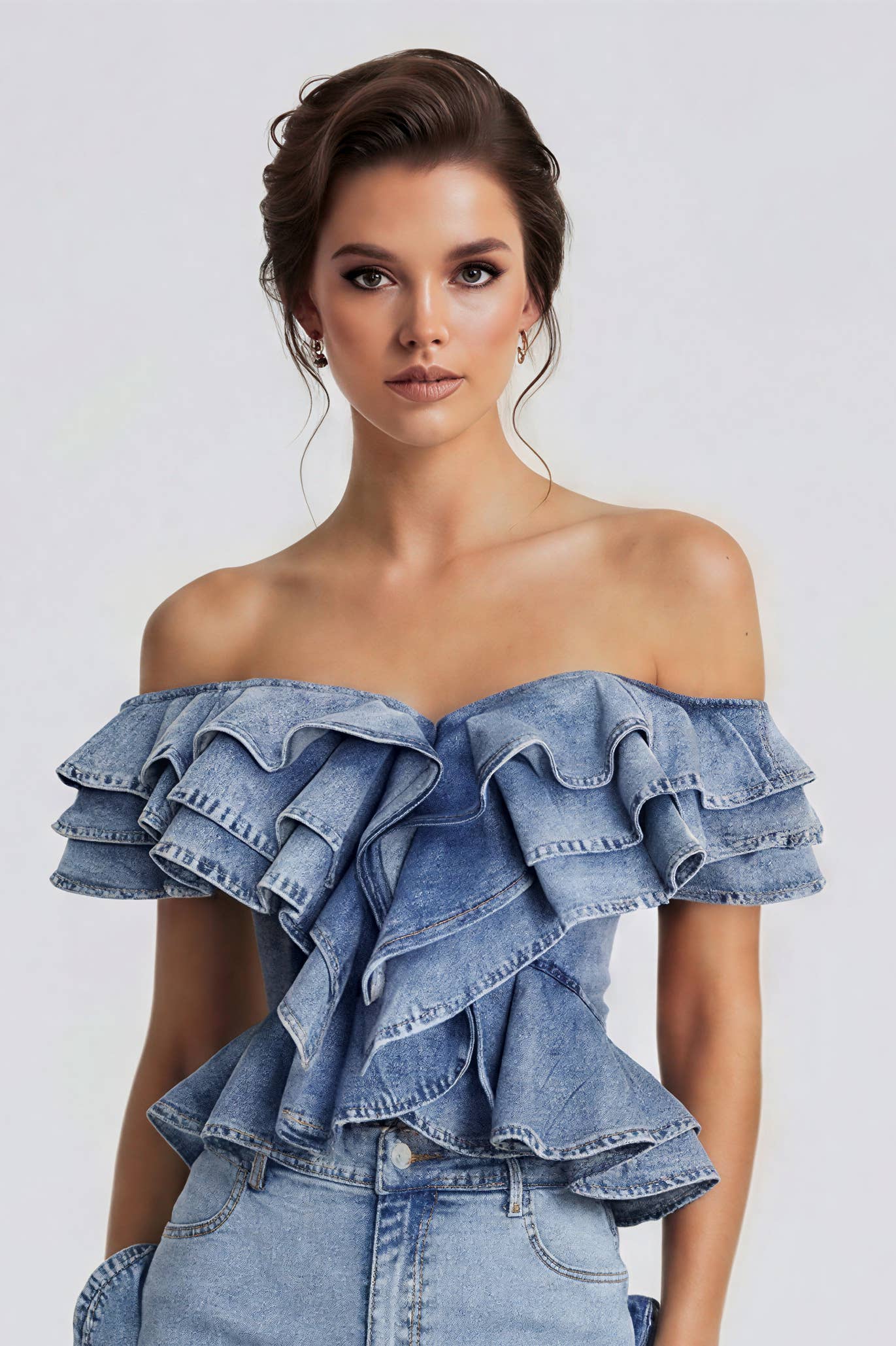 Off Shoulder Ruffle Denim Corset Top | Statement Denim Top | She
