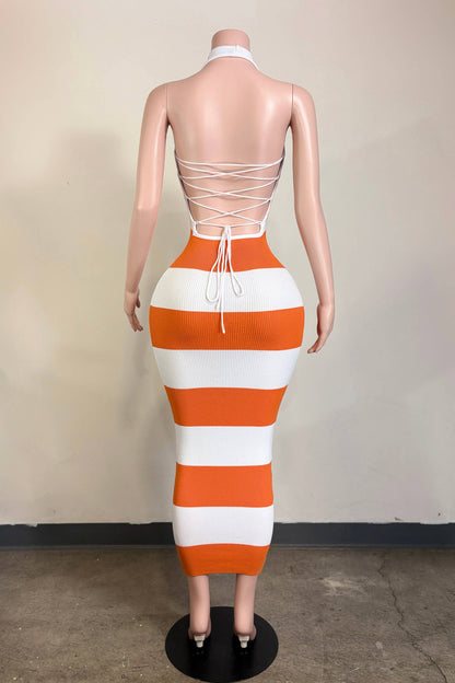 Open back striped knit maxi dress with lace-up detail