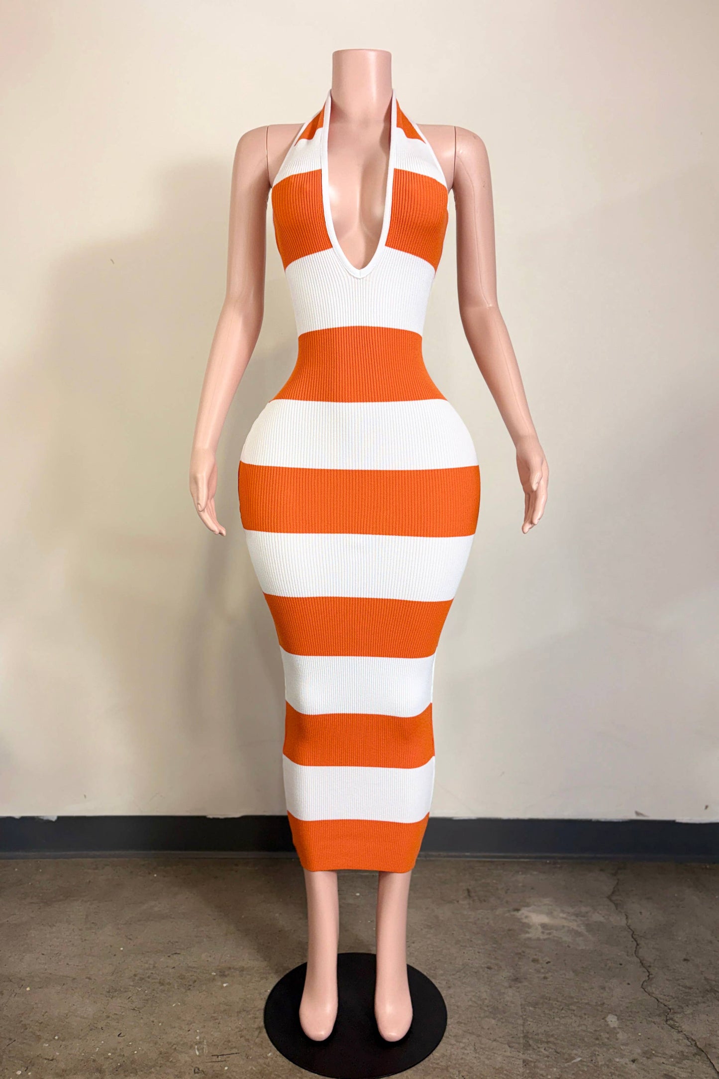 Women's orange and white rib knit maxi dress from She Rare Boutique