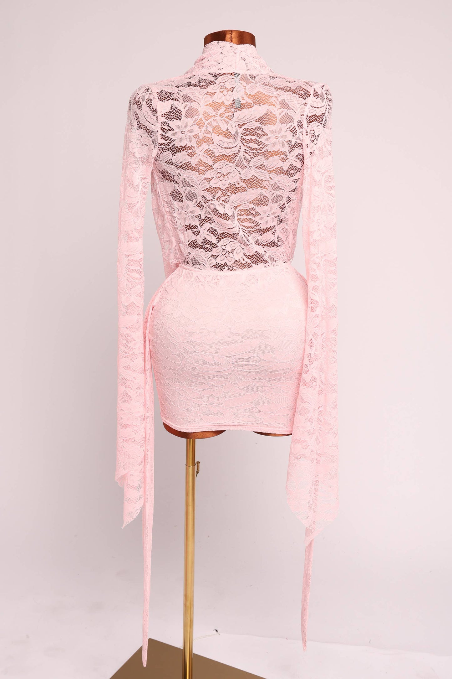 Back view of pink lace mini dress with slim fit silhouette