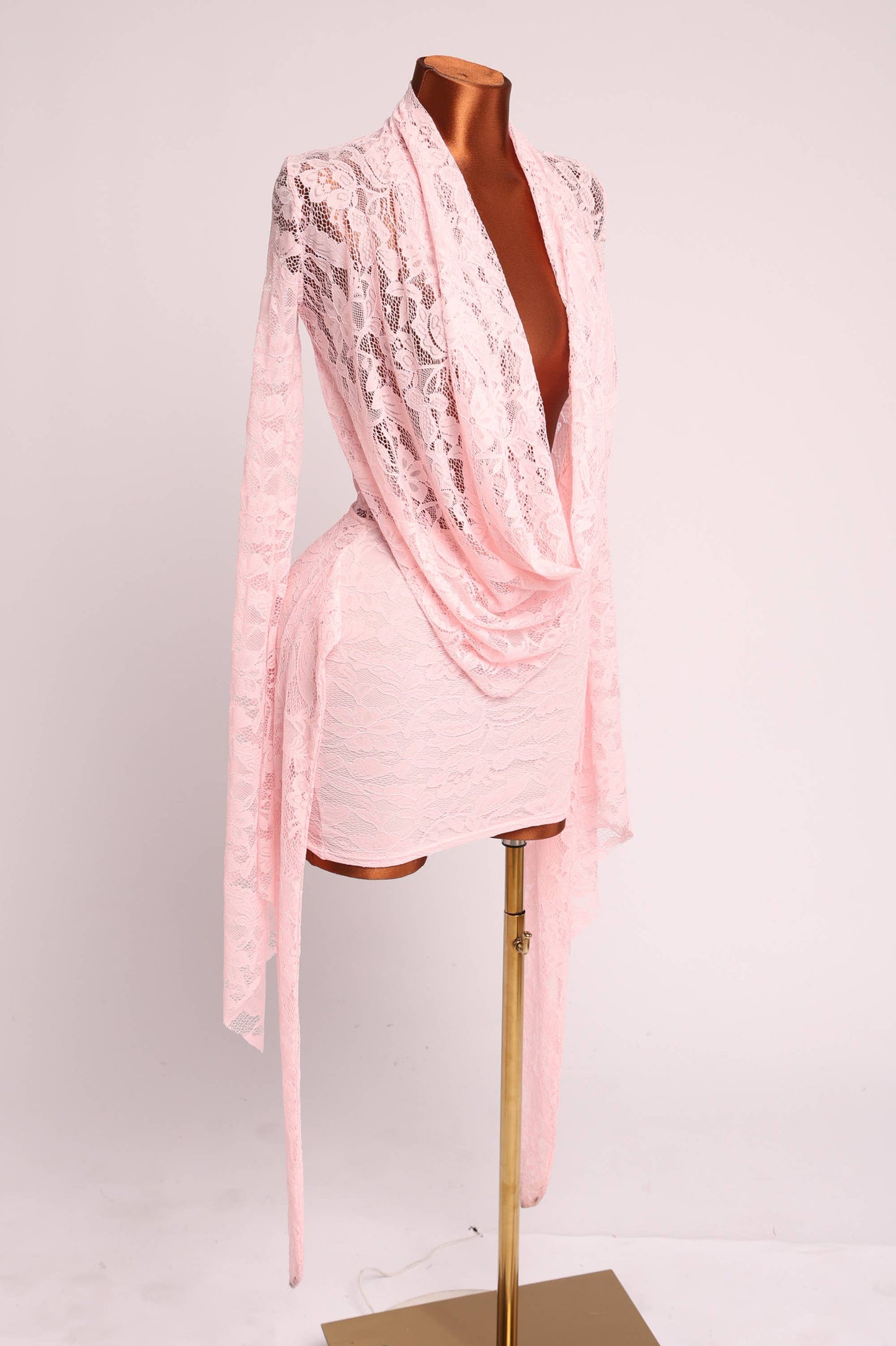 Close-up of sheer floral lace on Pink Temptation Lace Mini Dress
