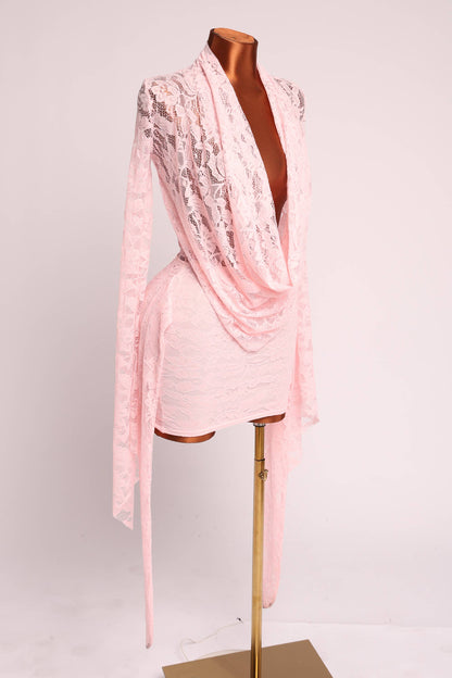 Close-up of sheer floral lace on Pink Temptation Lace Mini Dress