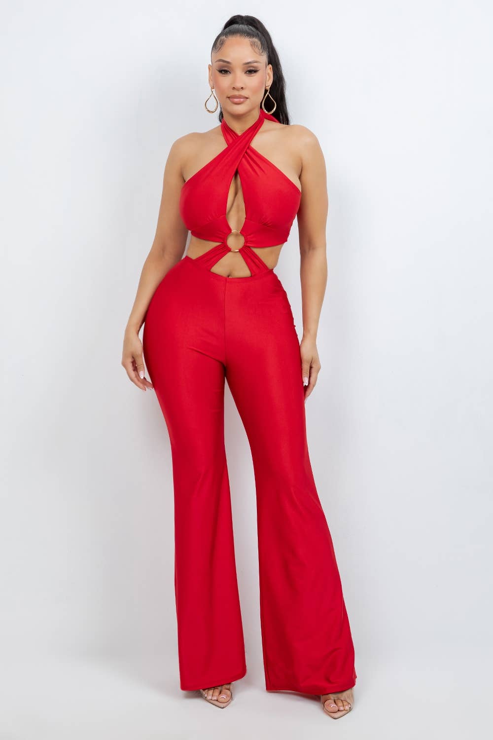 Red Alert Halter Jumpsuit with metal O-ring and front waist cutouts