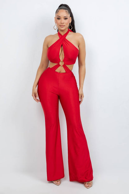 Red Alert Halter Jumpsuit with metal O-ring and front waist cutouts