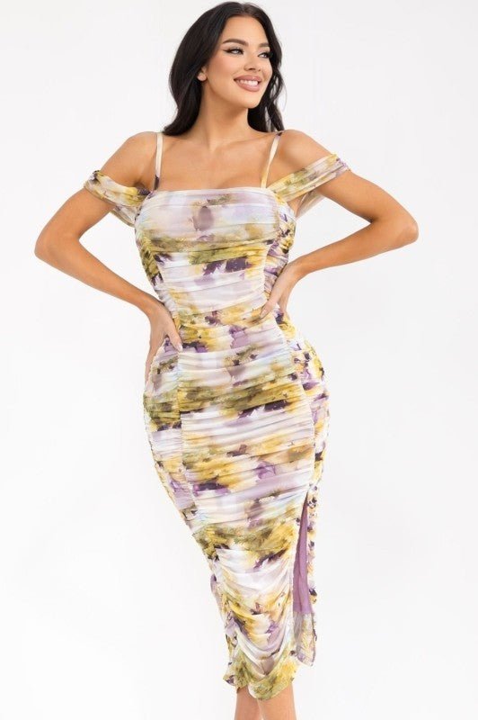 Floral Ruched Midi Dress | Off Shoulder Mesh Bodycon Dress | She Rare Boutique Floral Ruched Midi Dress | Off Shoulder Mesh Bodycon Dress | She Rare Boutique