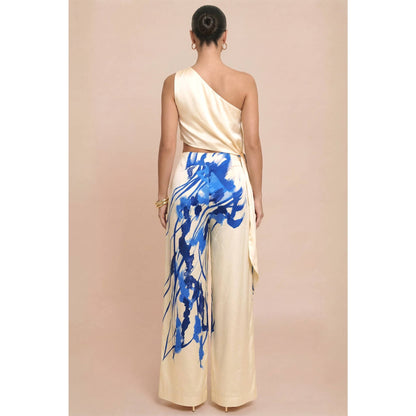 Women's blue and ivory matching pant set with wide leg pants
