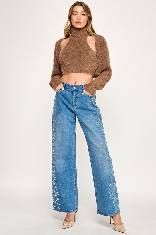 Fuzzy Cutout Turtleneck Sweater - SHE RARE