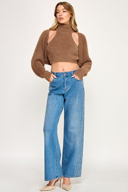 Fuzzy Cutout Turtleneck Sweater - SHE RARE