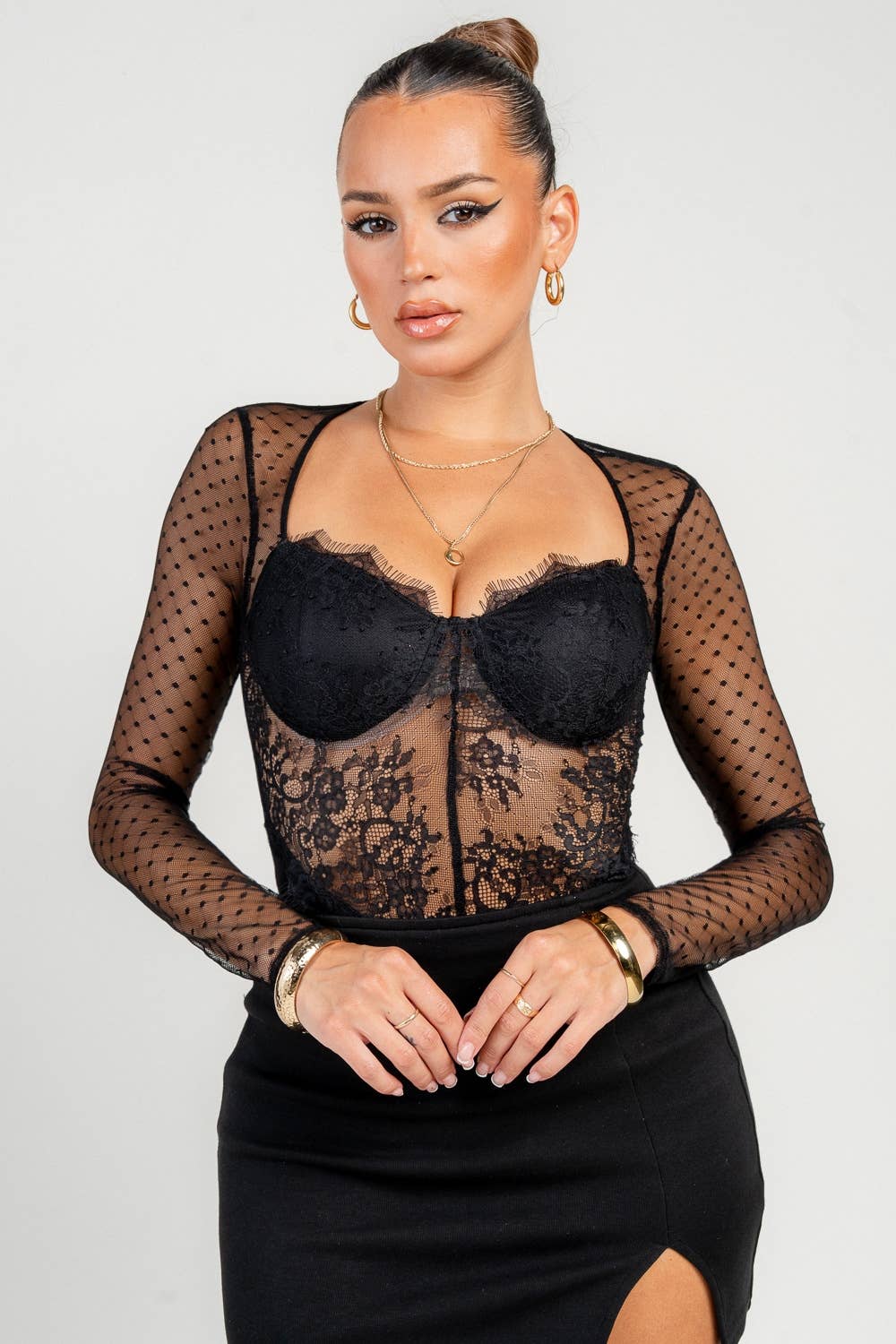 Black Swiss Dot Lace Bodysuit featuring sheer mesh and keyhole back detail