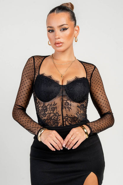 Black Swiss Dot Lace Bodysuit featuring sheer mesh and keyhole back detail