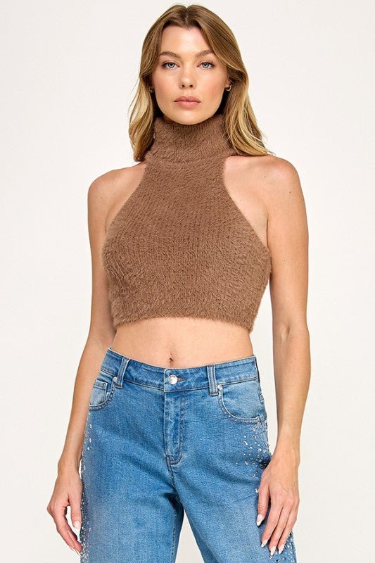 Fuzzy Cutout Turtleneck Sweater - SHE RARE